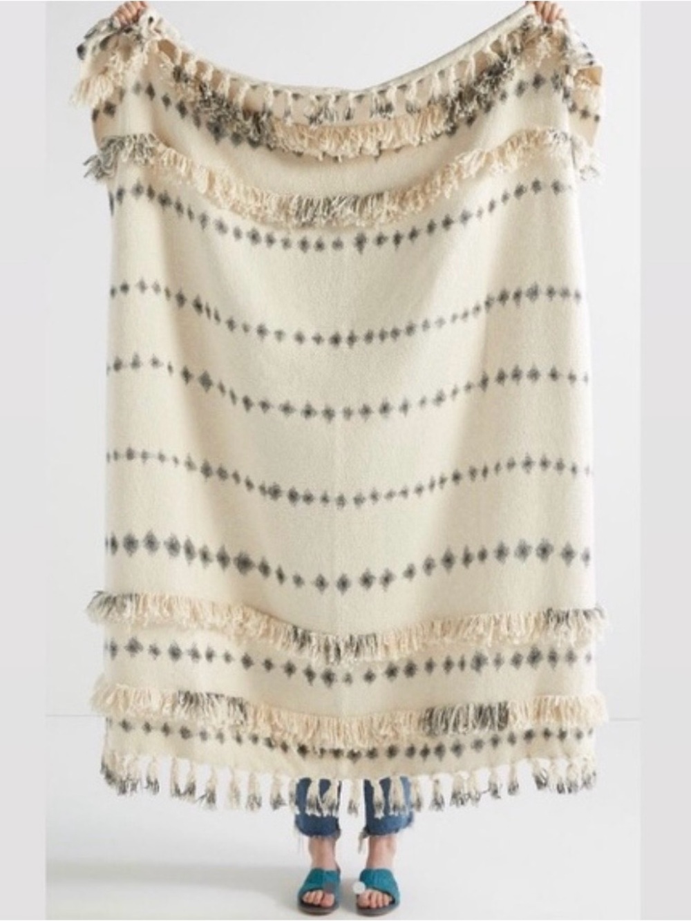 NWT Anthropologie Fringed Sierra Throw Blanket In Ivory